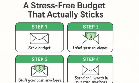 4-step visual guide showing the cash envelope budgeting method for a stress-free budget system - Step 3 shows stuffing cash envelopes and Step 4 shows spending only what's inside the envelopes with green infographic cards