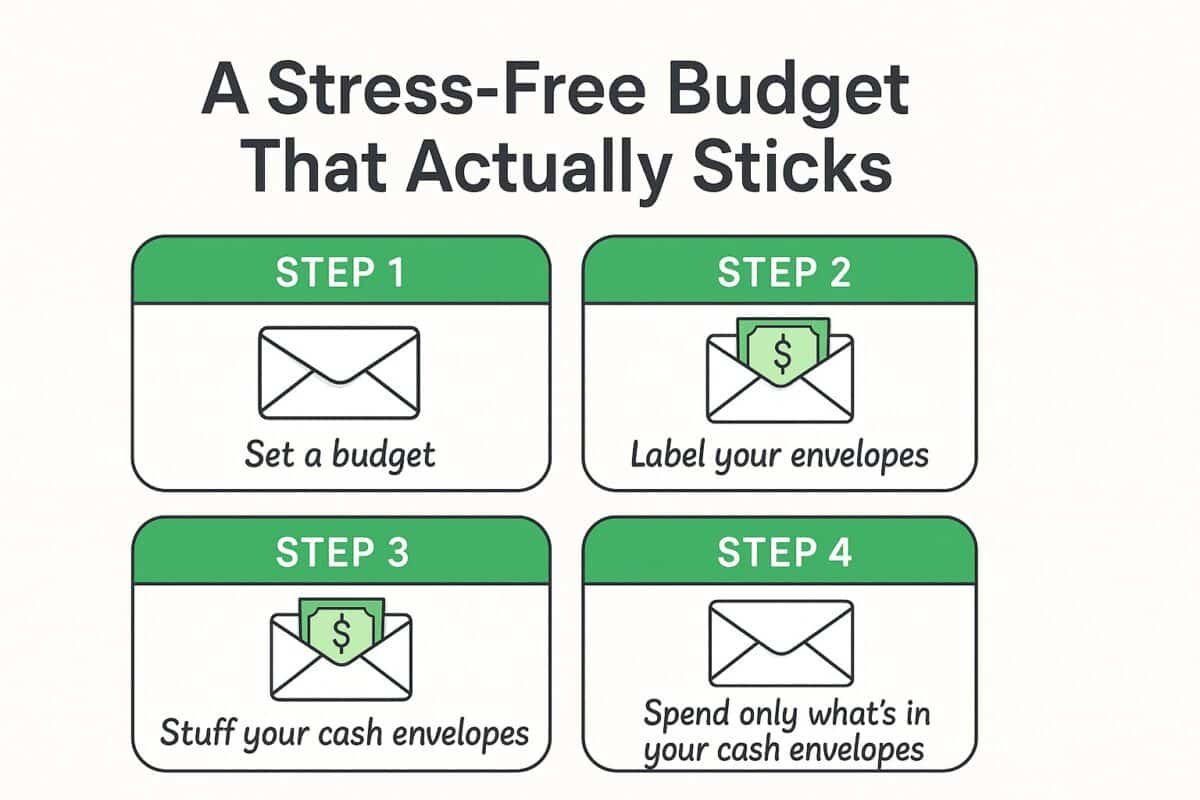 4-step visual guide showing the cash envelope budgeting method for a stress-free budget system - Step 3 shows stuffing cash envelopes and Step 4 shows spending only what's inside the envelopes with green infographic cards