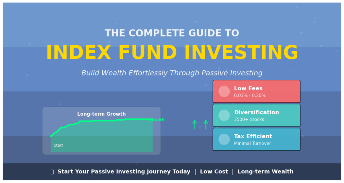 index fund investing guide, passive investing strategy, how to start index funds, best ETFs for beginners, Vanguard index funds, Fidelity zero fee funds, automatic investing strategy, dollar cost averaging, total stock market index, S&P 500 investing, low cost investing, beginner portfolio strategy