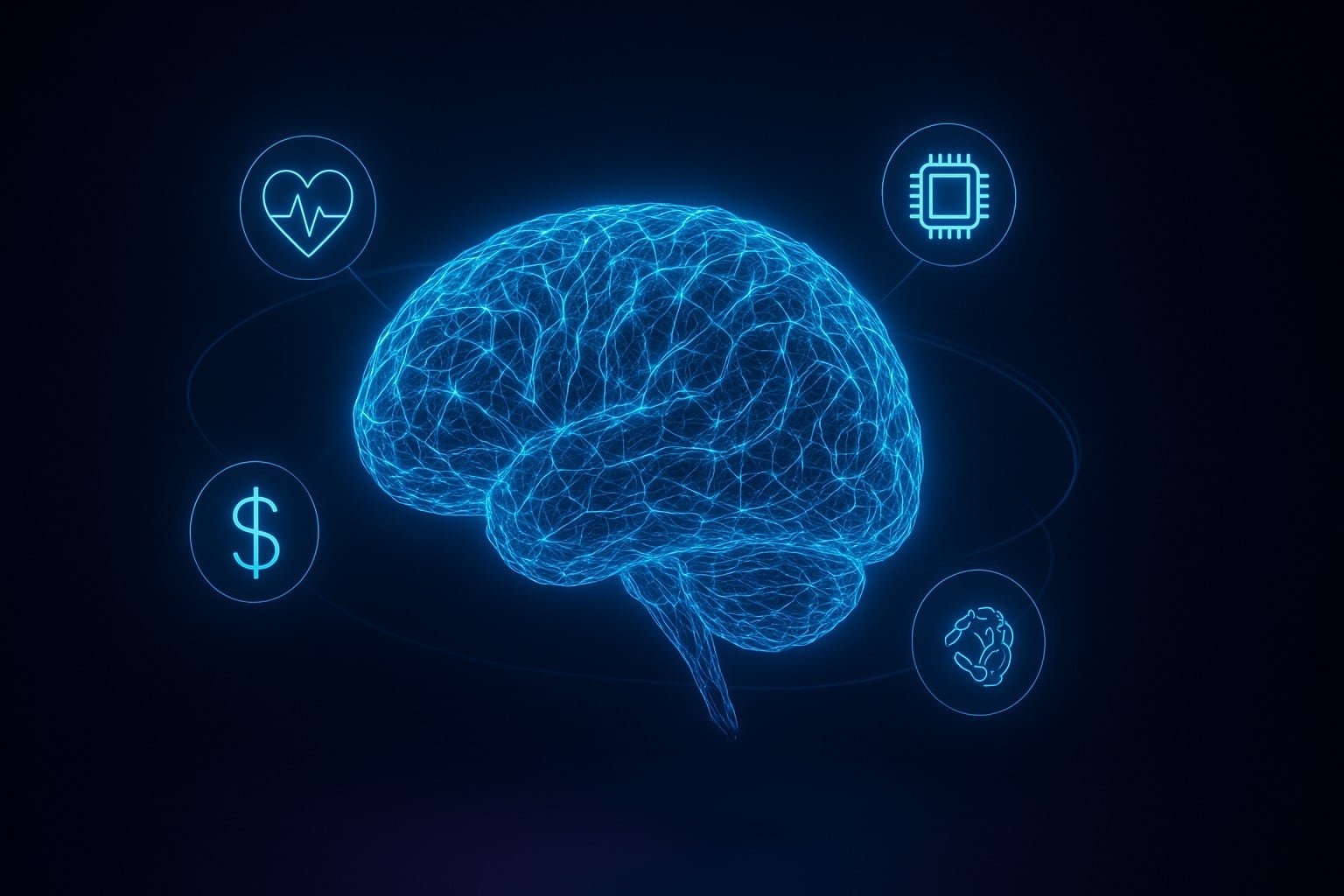 artificial intelligence applications 2026 — glowing neural brain with holographic industry icons